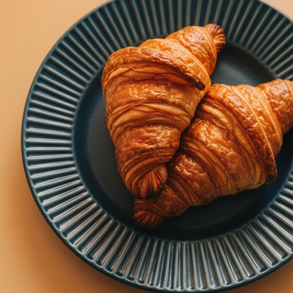 Two golden croissants on a teal-blue ribbed plate.