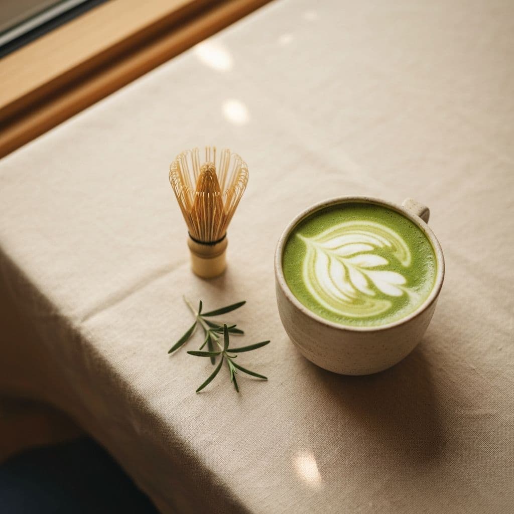 A cup of bright green matcha latte beside a bamboo whisk.