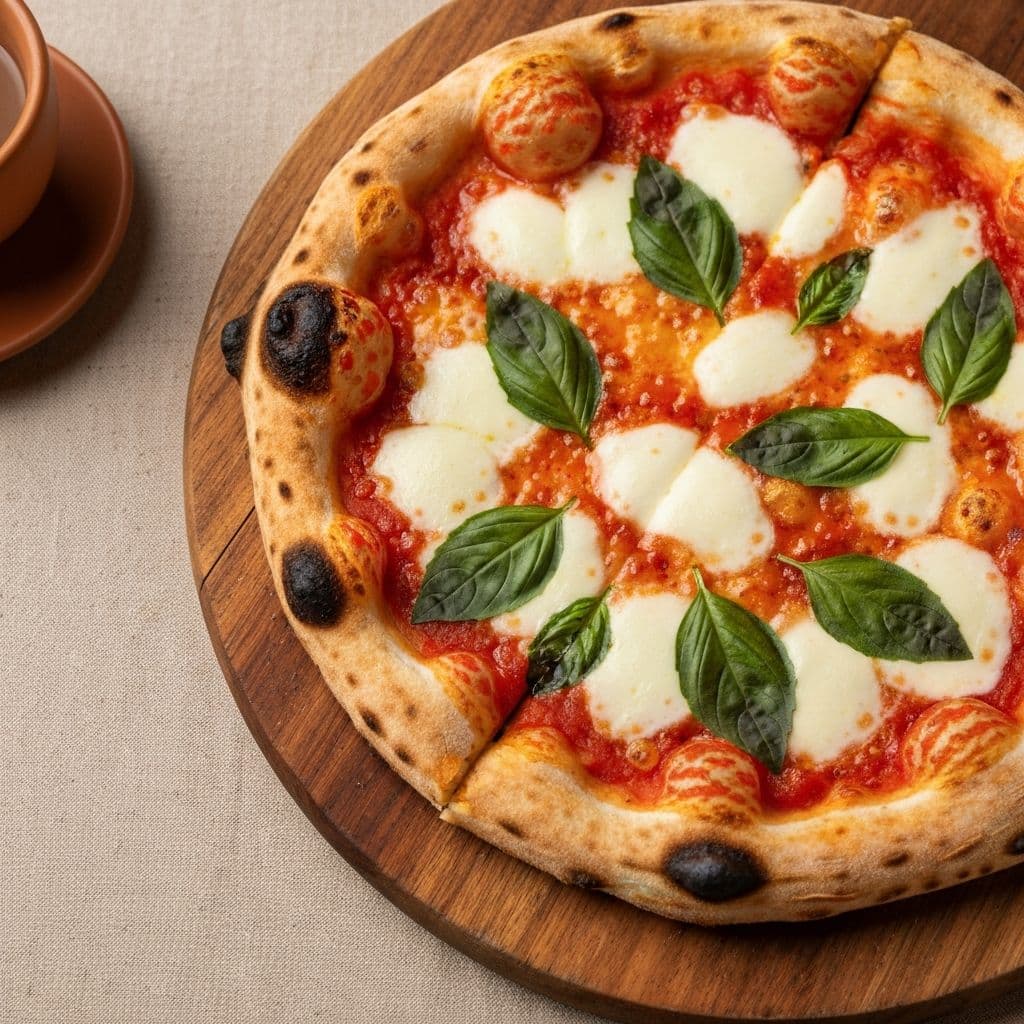 A wood-fired margherita pizza on a rustic wooden board.